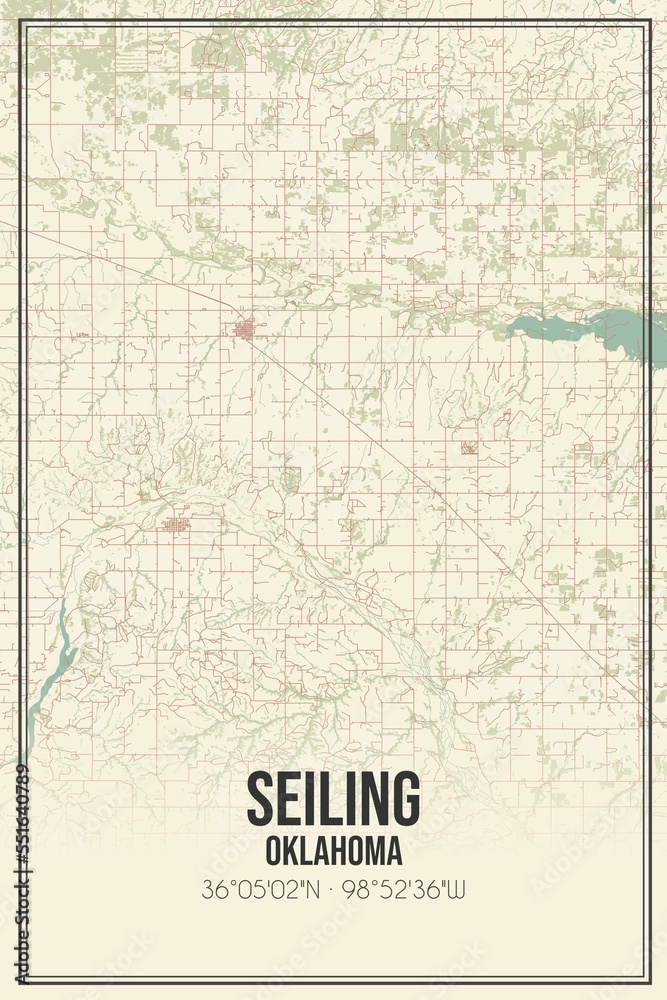 Retro US city map of Seiling, Oklahoma. Vintage street map.