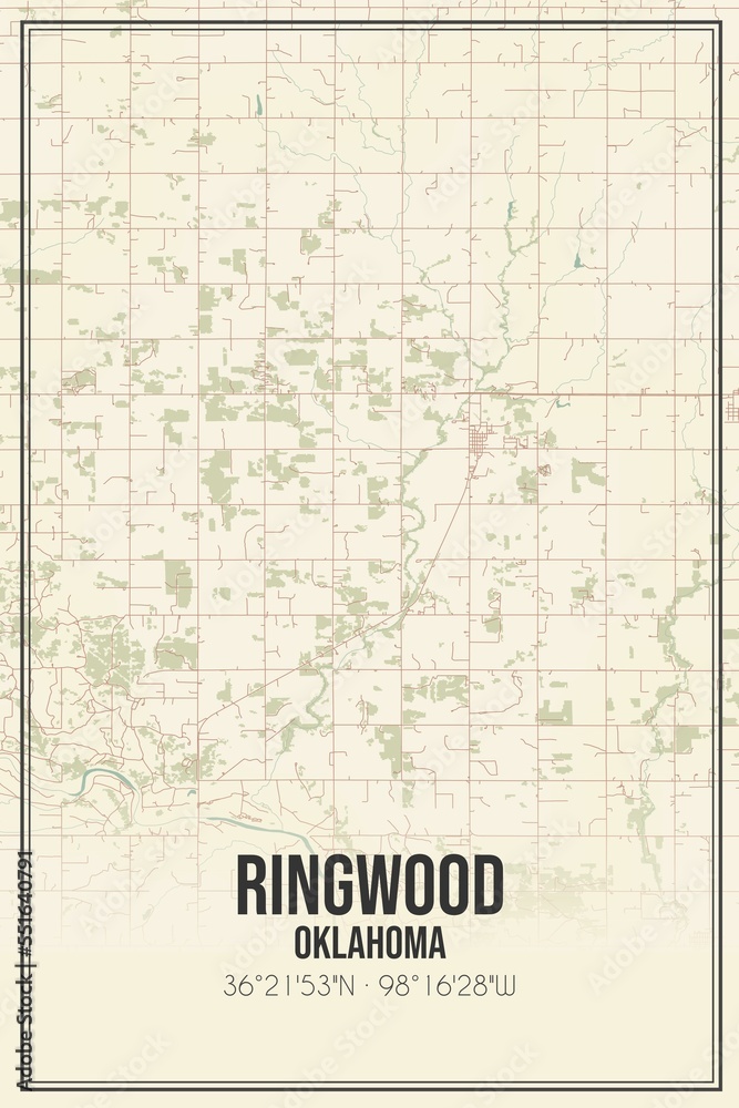 Retro US city map of Ringwood, Oklahoma. Vintage street map.