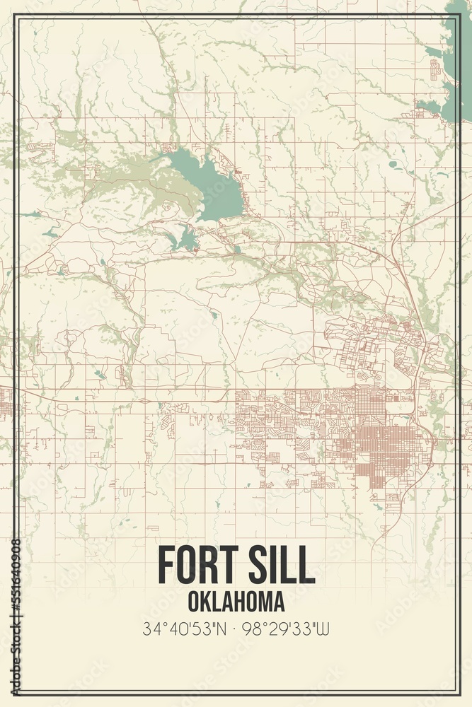 Retro US city map of Fort Sill, Oklahoma. Vintage street map.