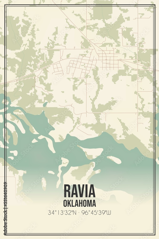 Obraz premium Retro US city map of Ravia, Oklahoma. Vintage street map.