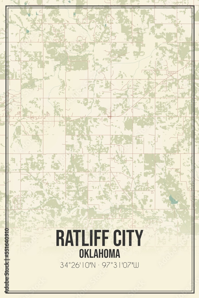 Retro US city map of Ratliff City, Oklahoma. Vintage street map.