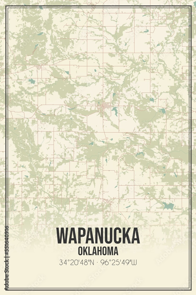 Retro US city map of Wapanucka, Oklahoma. Vintage street map.