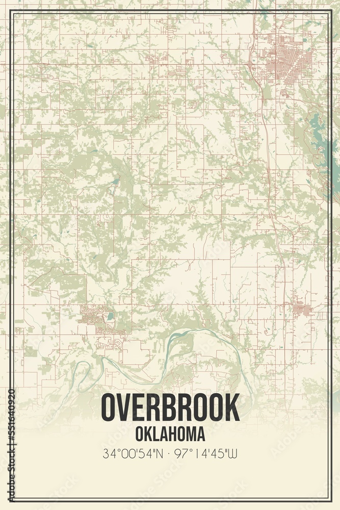 Retro US city map of Overbrook, Oklahoma. Vintage street map.