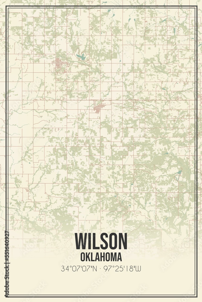 Retro US city map of Wilson, Oklahoma. Vintage street map.