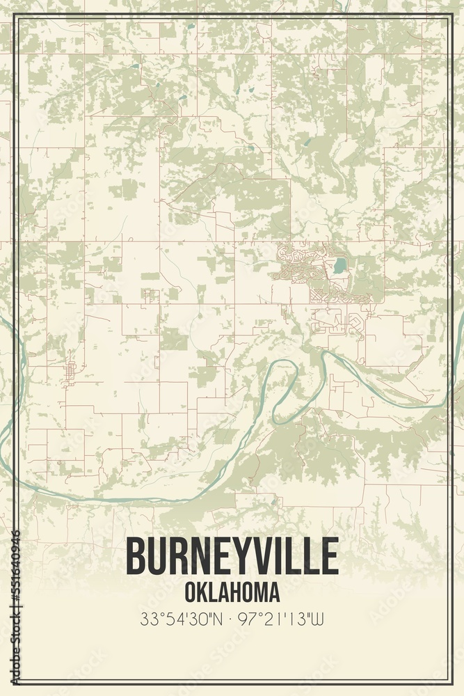 Retro US city map of Burneyville, Oklahoma. Vintage street map.