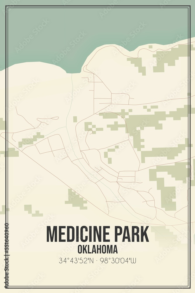 Retro US city map of Medicine Park, Oklahoma. Vintage street map.