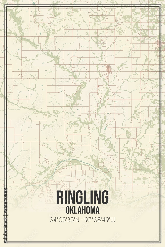Retro US city map of Ringling, Oklahoma. Vintage street map.