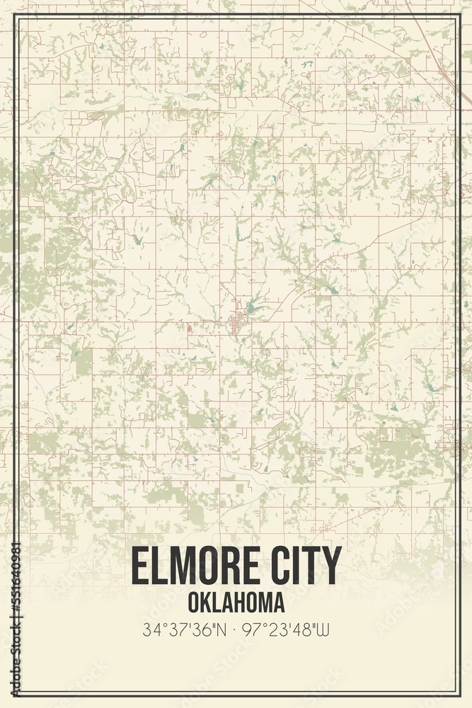 Retro US city map of Elmore City, Oklahoma. Vintage street map.