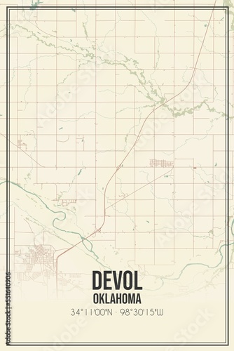 Retro US city map of Devol  Oklahoma. Vintage street map.