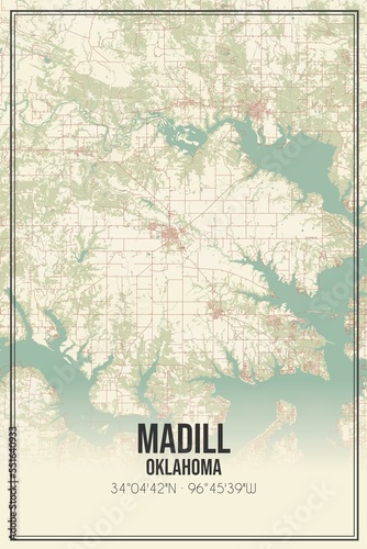 Retro US city map of Madill, Oklahoma. Vintage street map. photo