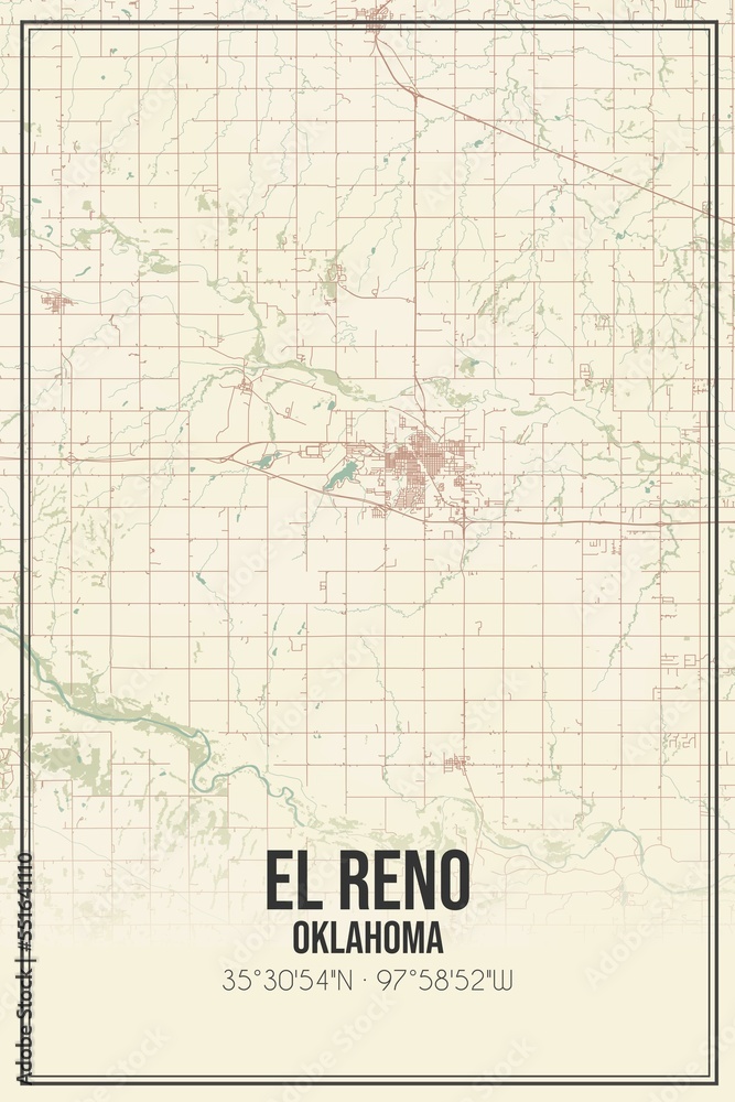 Retro US city map of El Reno, Oklahoma. Vintage street map.