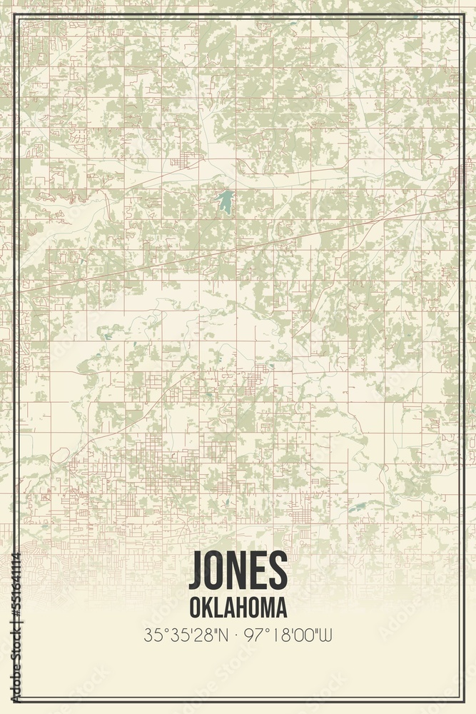 Retro US city map of Jones, Oklahoma. Vintage street map.