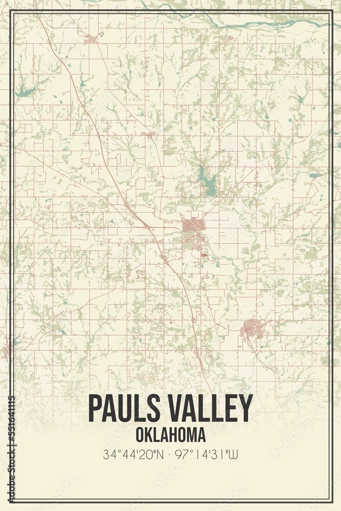 Retro US city map of Pauls Valley, Oklahoma. Vintage street map.
