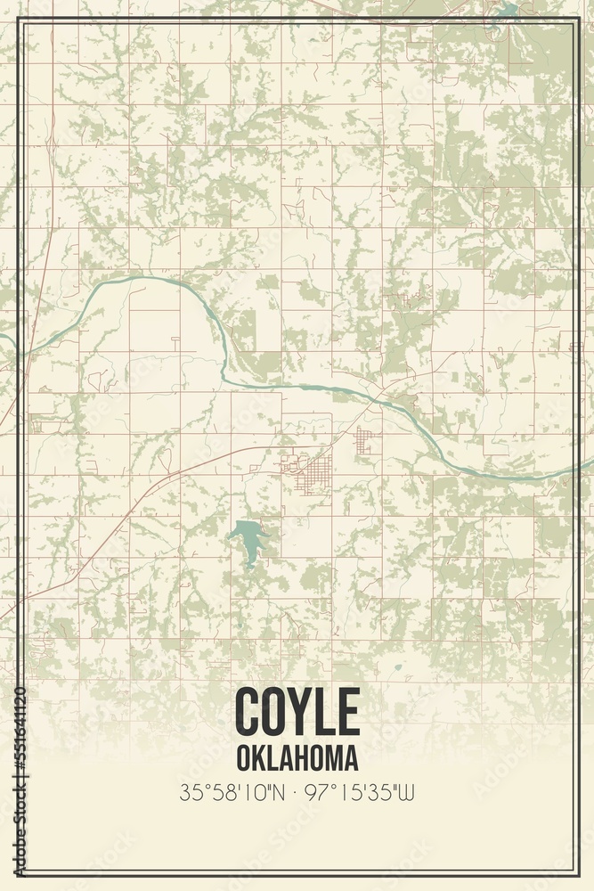 Retro US city map of Coyle, Oklahoma. Vintage street map.