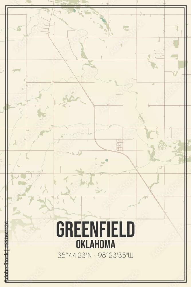 Retro US city map of Greenfield, Oklahoma. Vintage street map.