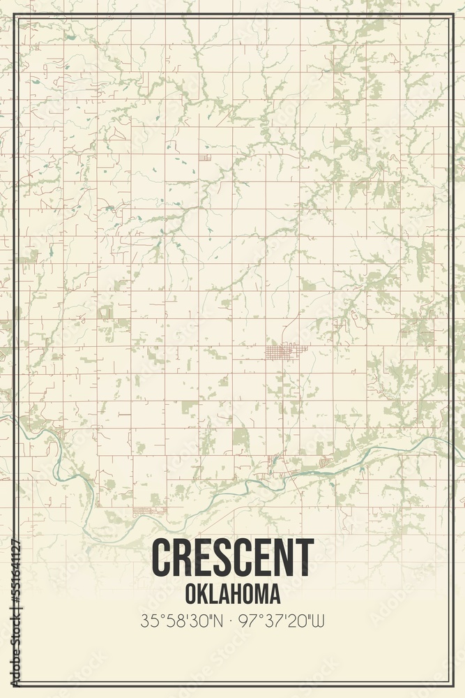 Retro US city map of Crescent, Oklahoma. Vintage street map.