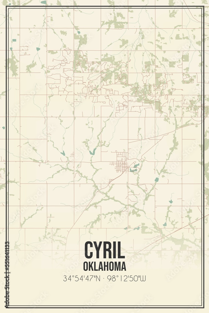 Retro US city map of Cyril, Oklahoma. Vintage street map.