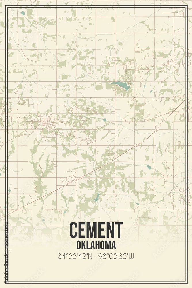 Retro US city map of Cement, Oklahoma. Vintage street map.