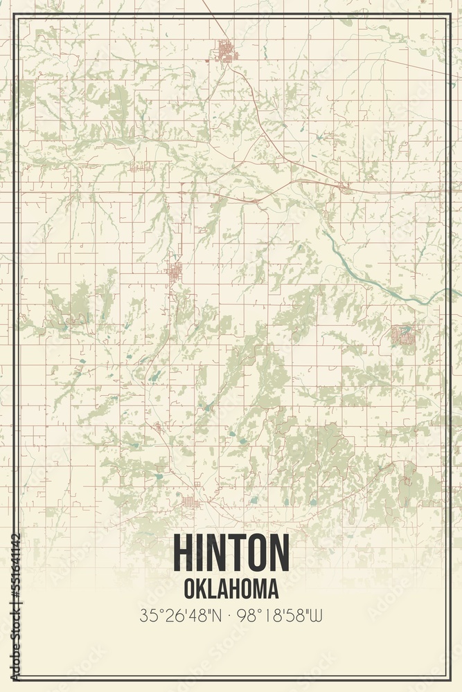 Retro US city map of Hinton, Oklahoma. Vintage street map.