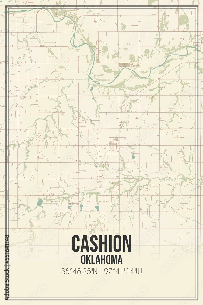 Retro US city map of Cashion, Oklahoma. Vintage street map.