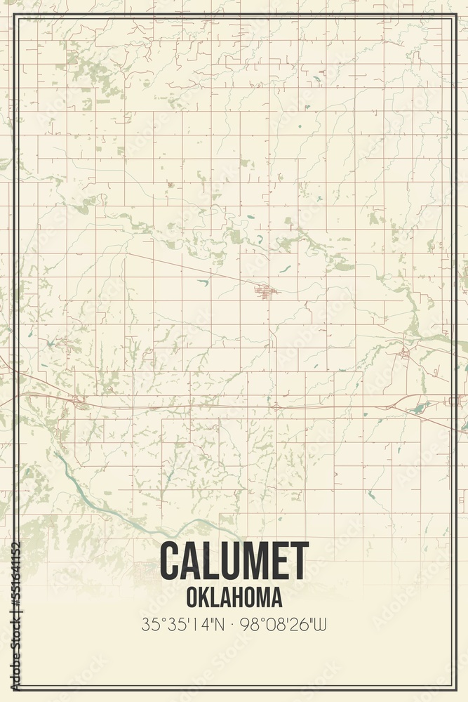 Retro US city map of Calumet, Oklahoma. Vintage street map.