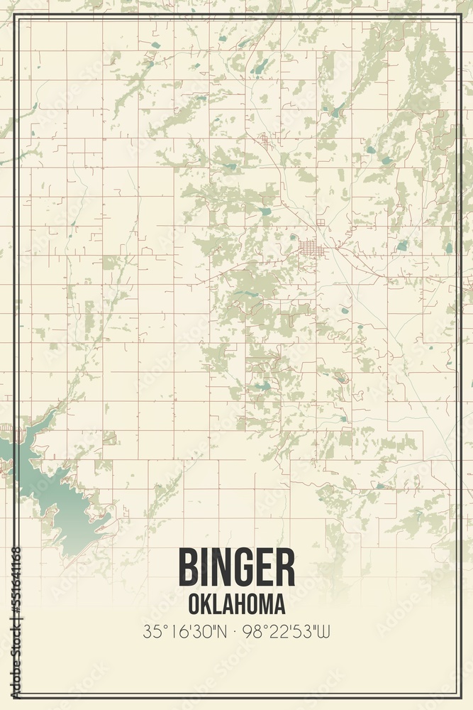 Retro US city map of Binger, Oklahoma. Vintage street map.