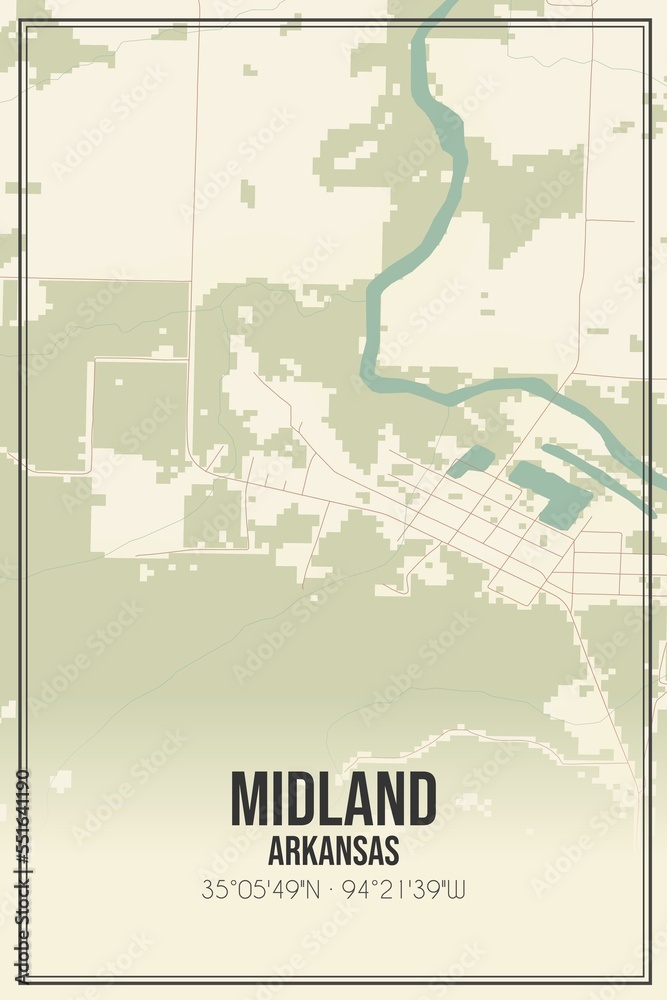 Retro US city map of Midland, Arkansas. Vintage street map.