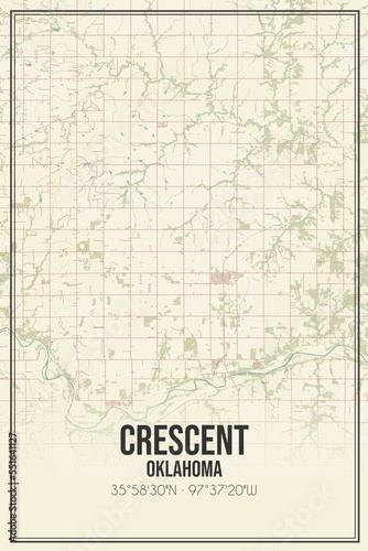 Retro US city map of Crescent  Oklahoma. Vintage street map.
