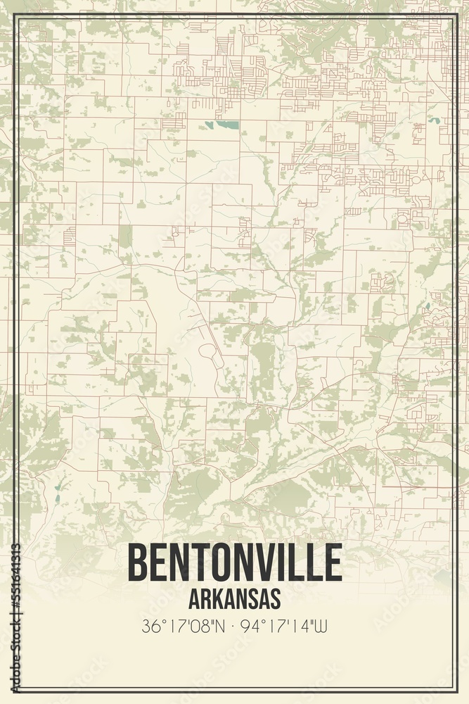 Retro US city map of Bentonville, Arkansas. Vintage street map.