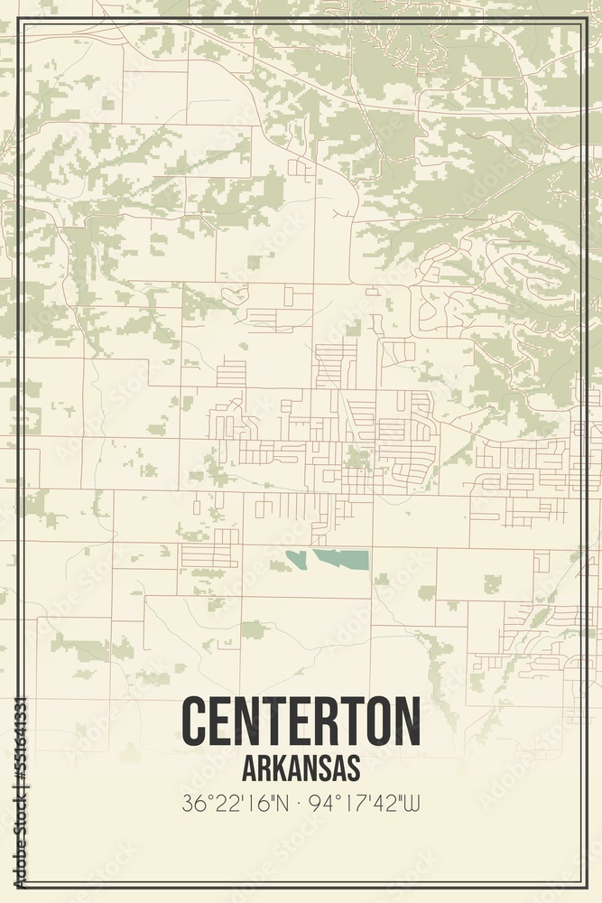 Retro US city map of Centerton, Arkansas. Vintage street map.