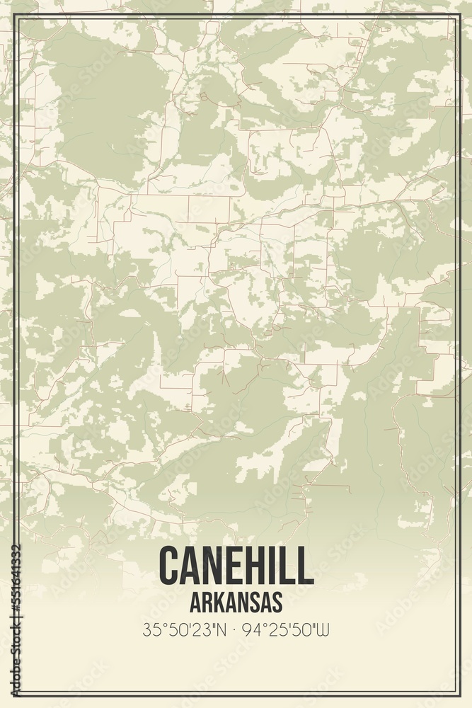 Retro US city map of Canehill, Arkansas. Vintage street map.