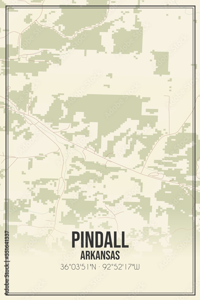 Retro US city map of Pindall, Arkansas. Vintage street map.