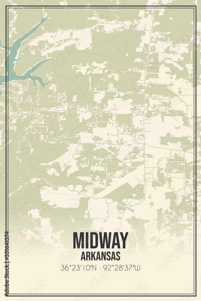 Retro US city map of Midway, Arkansas. Vintage street map.