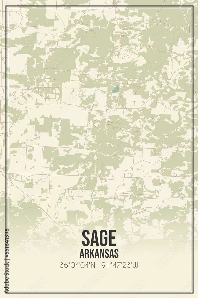 Retro US city map of Sage, Arkansas. Vintage street map.