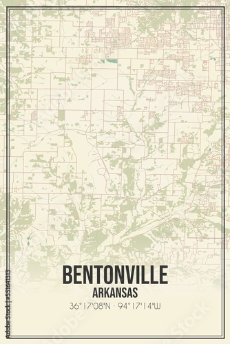 Retro US city map of Bentonville  Arkansas. Vintage street map.