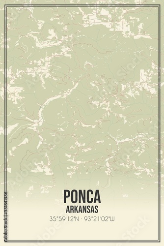 Retro US city map of Ponca, Arkansas. Vintage street map.