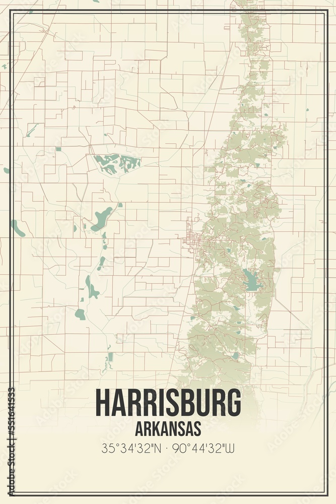 Retro US city map of Harrisburg, Arkansas. Vintage street map.