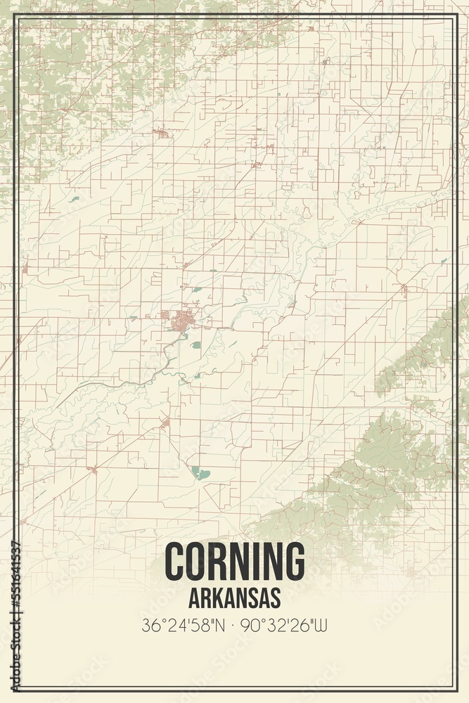 Retro US city map of Corning, Arkansas. Vintage street map.