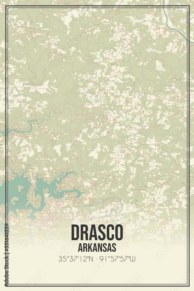 Retro US city map of Drasco, Arkansas. Vintage street map.