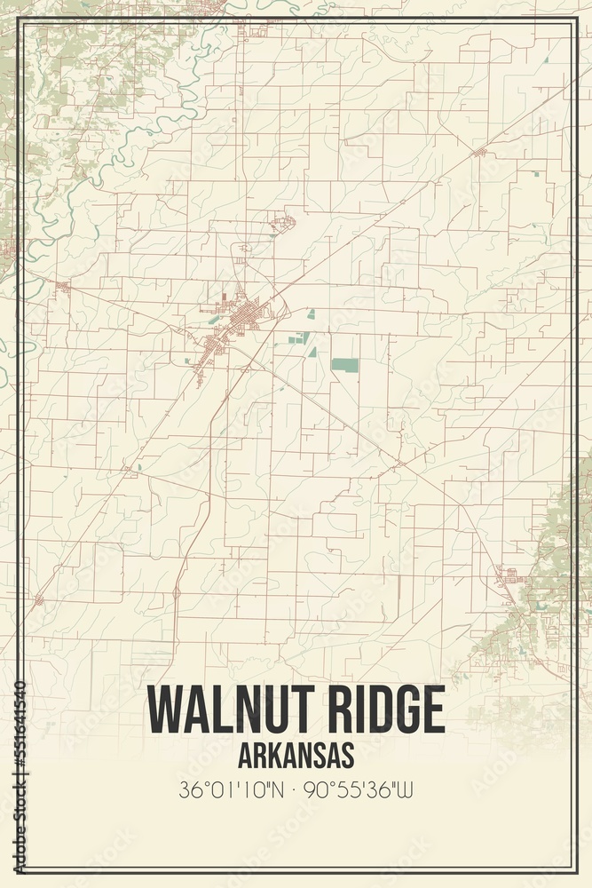 Fototapeta premium Retro US city map of Walnut Ridge, Arkansas. Vintage street map.