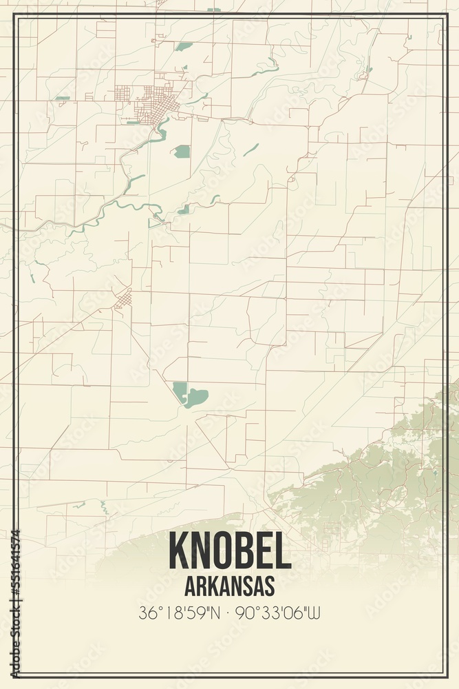Fototapeta premium Retro US city map of Knobel, Arkansas. Vintage street map.