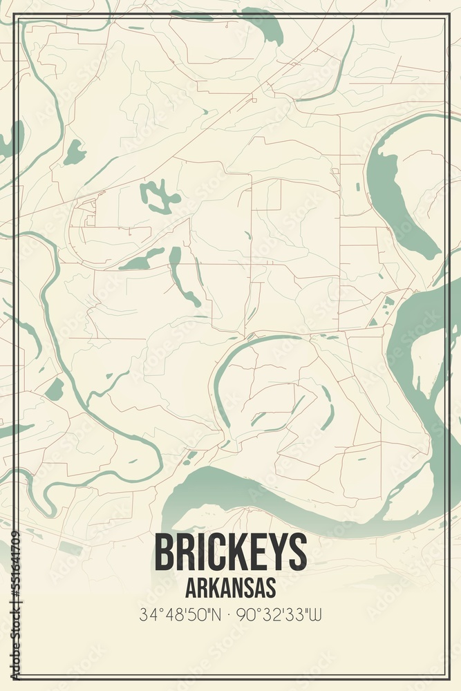Retro US city map of Brickeys, Arkansas. Vintage street map.