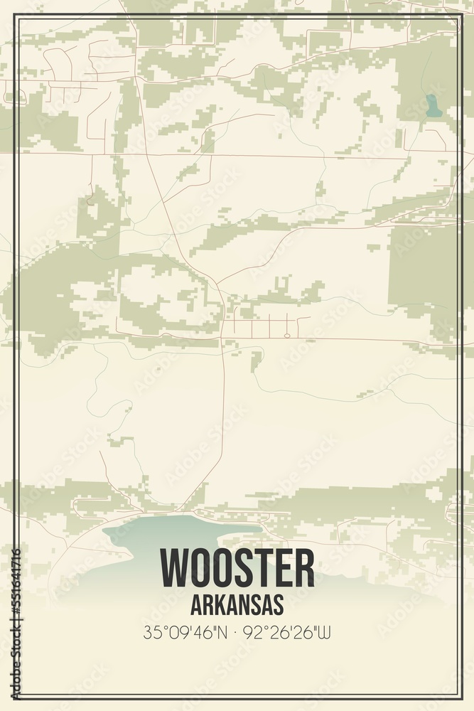 Retro US city map of Wooster, Arkansas. Vintage street map.