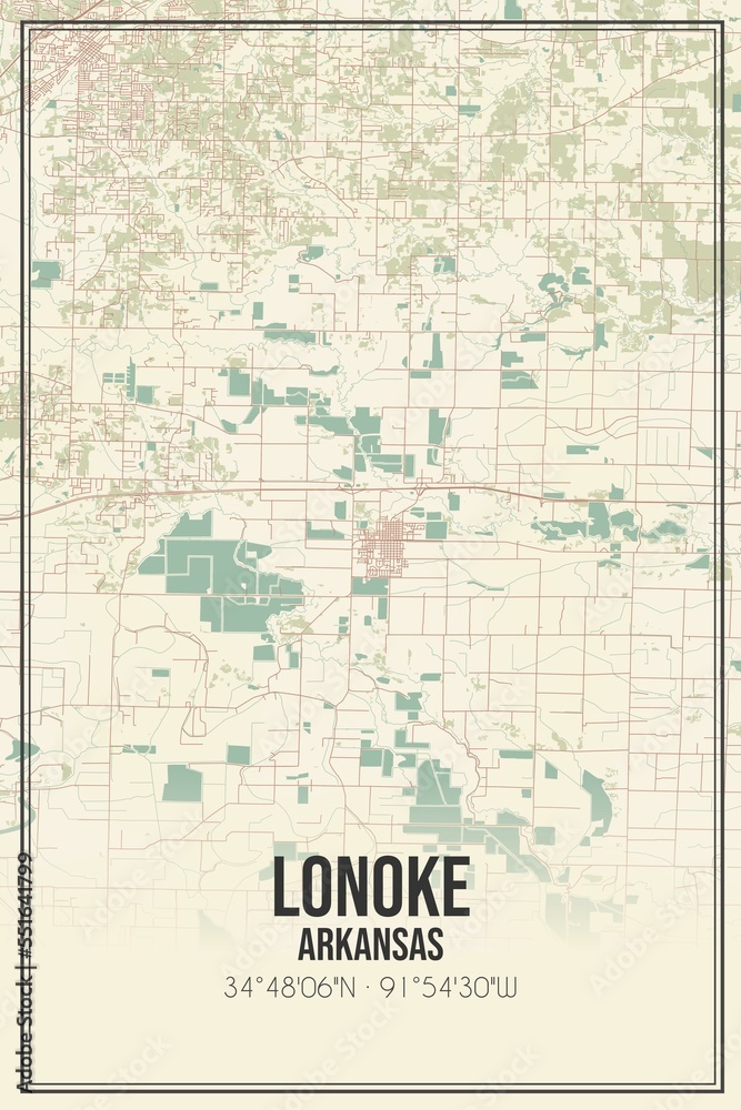 Retro US city map of Lonoke, Arkansas. Vintage street map.