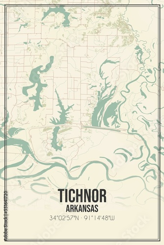 Retro US city map of Tichnor  Arkansas. Vintage street map.