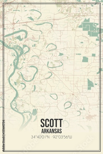 Fototapeta Naklejka Na Ścianę i Meble -  Retro US city map of Scott, Arkansas. Vintage street map.
