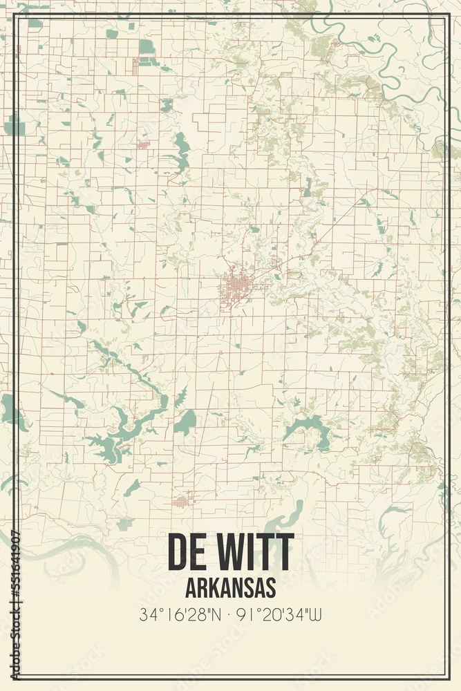 Retro US city map of De Witt, Arkansas. Vintage street map.