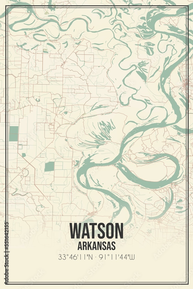 Retro US city map of Watson, Arkansas. Vintage street map.