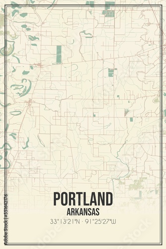 Retro US city map of Portland, Arkansas. Vintage street map. © Rezona