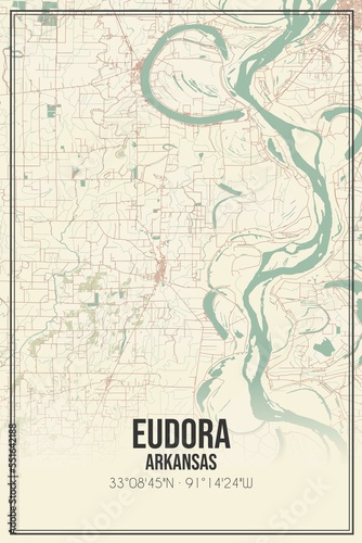 Retro US city map of Eudora, Arkansas. Vintage street map.